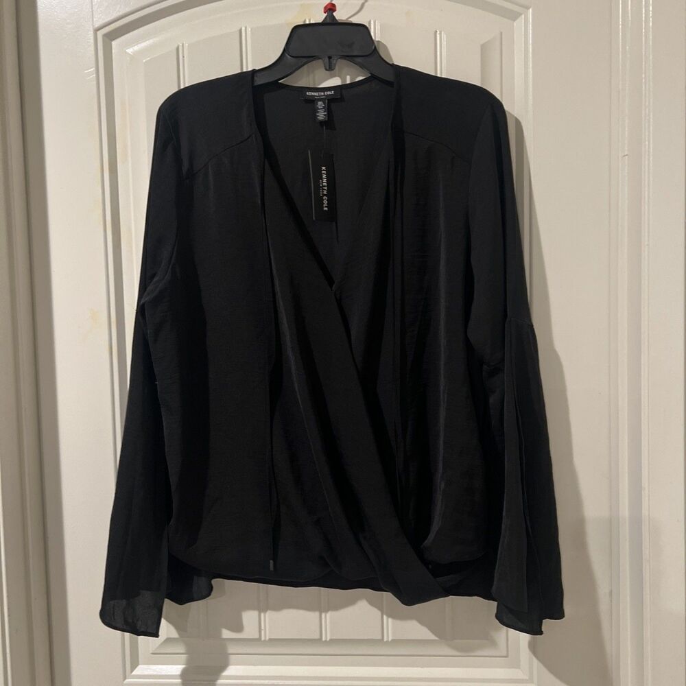 NEW Kenneth Cole Slit Long sleeve blouse top Faux-wrap cocktail black Sz L